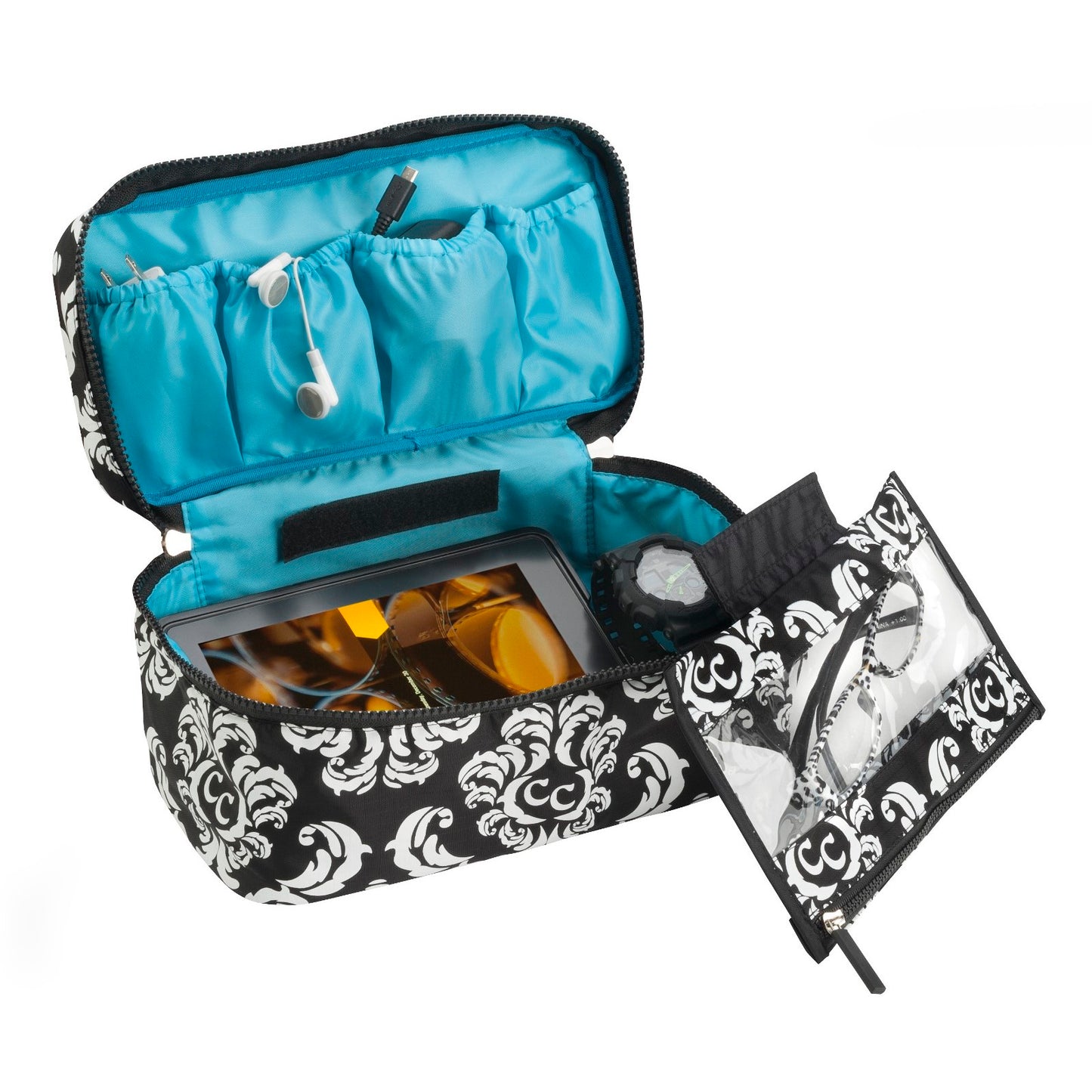 Tech & Toiletries Pouch - Damask with Teal