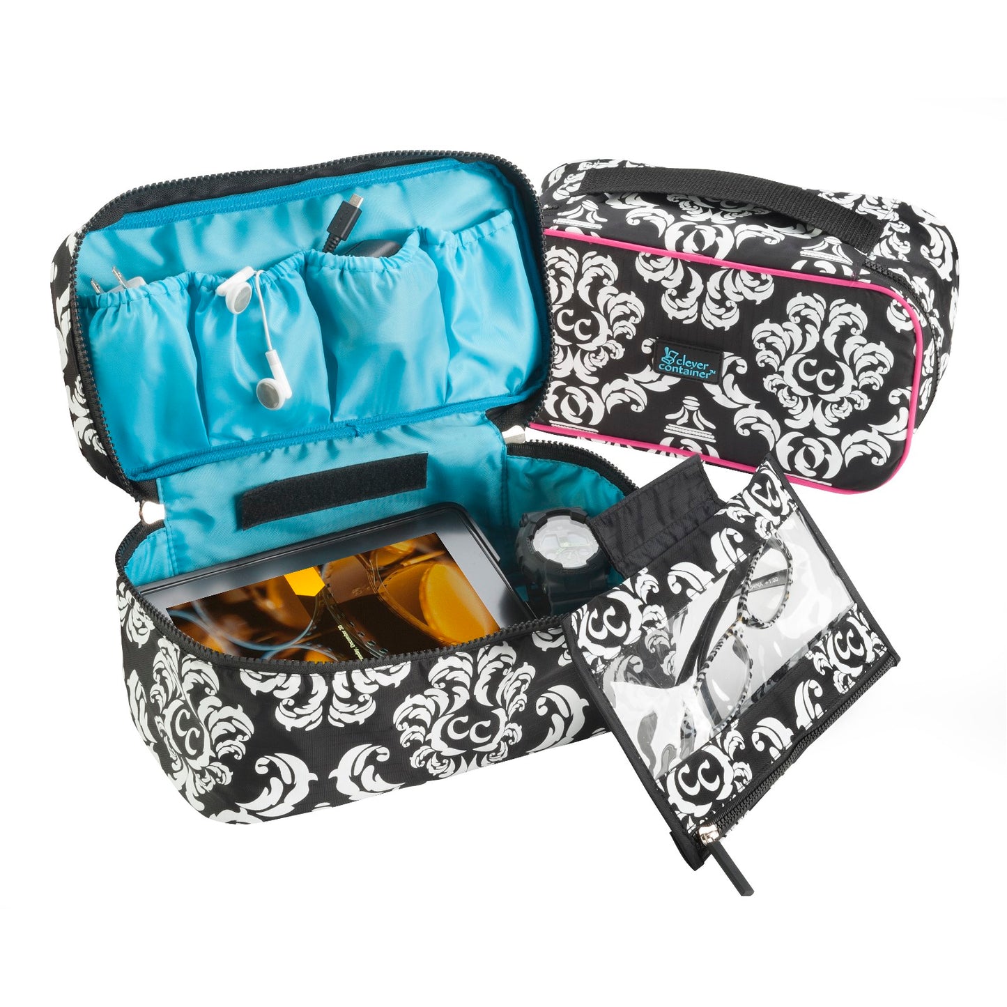Tech & Toiletries Pouch - Damask with Teal