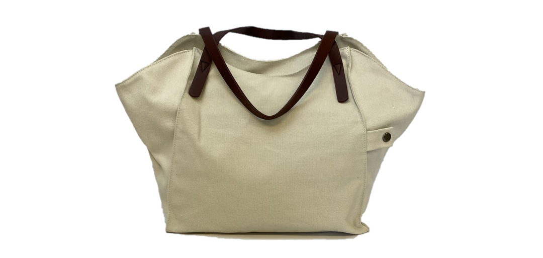 Canvas Tote - Zippered Top w/ Vegan Leather Handles - Cream Color